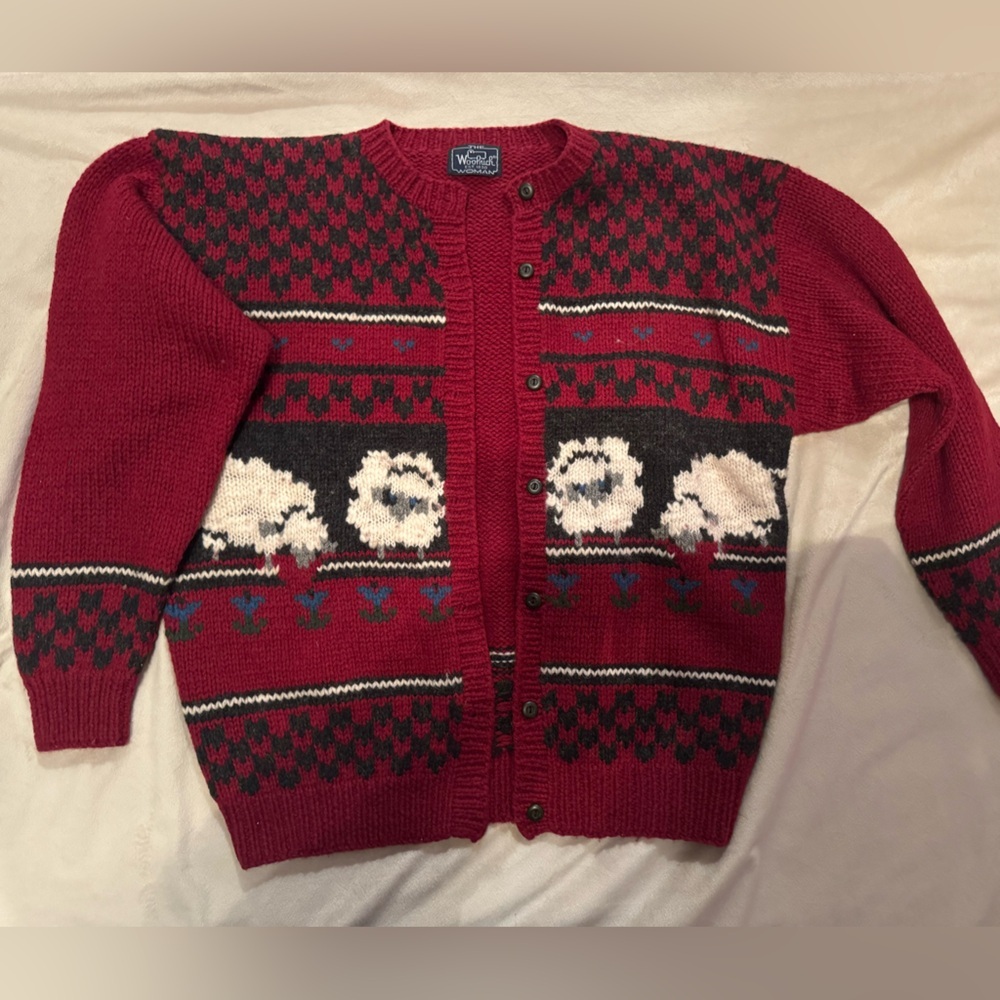 Vintage Woolrich wool Red Knit Cardigan with sheep, large